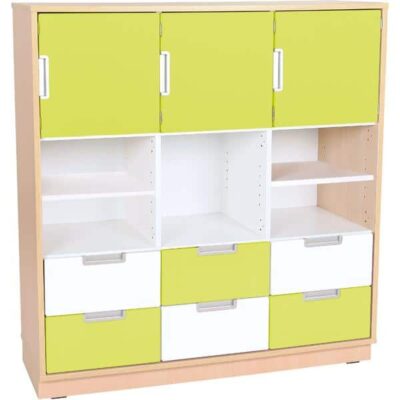 Schrank L mit 3 Türen und 6 Schubladen - Breite: 116 cm - Ahorn - weiß/limone (Quadro 52-180°)