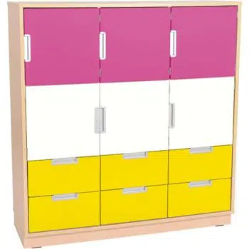Schrank L mit 3 Türen und 6 Schubladen - Breite: 116 cm - Ahorn - magenta/weiß/gelb (Quadro 53-180°)
