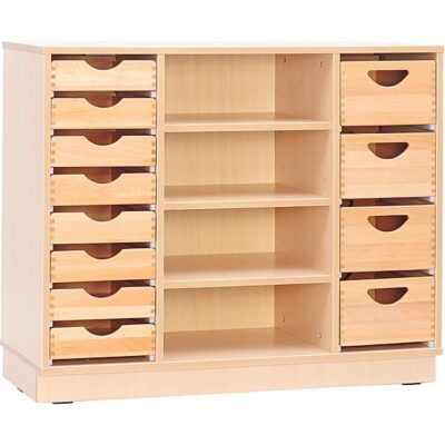 Kindergarten-Schrank M - für Holzbehälter - mit Einlegeböden - auf Sockel - Breite: 107 cm