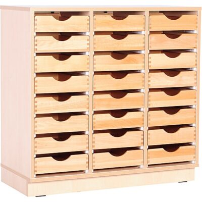 Kindergarten-Schrank M mit 2 Trennwänden - auf Sockel + 24 Holzschubladen (Flexi 53)
