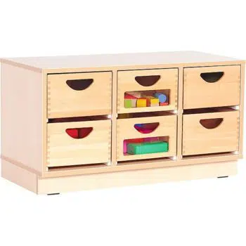 Kindergarten-Schrank S mit 2 Trennwänden - auf Sockel + 6 Behälter (2 mit/4 ohne Sichtfenster)(Flexi 9)