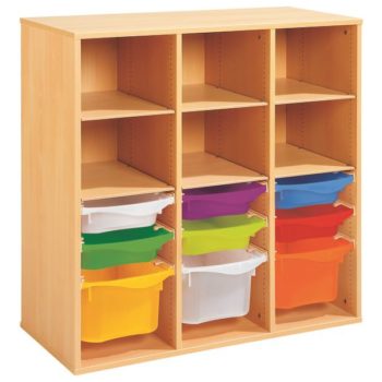 Regal mit Melaminbeschichtung mit 9 Behälter auf Schienen - 6 Regalbretter - Höhe: 102 cm - Länge: 105 cm