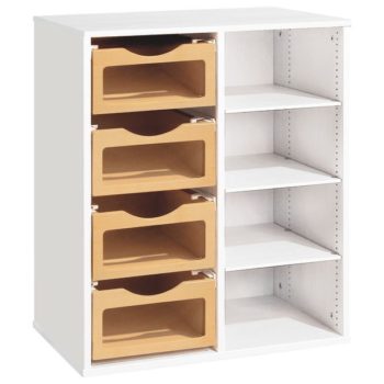 Regal mit Melaminbeschichtung mit 4 Holzbehälter auf Schienen - 3 Regalbretter - Höhe: 102 cm - Länge: 70,5 cm