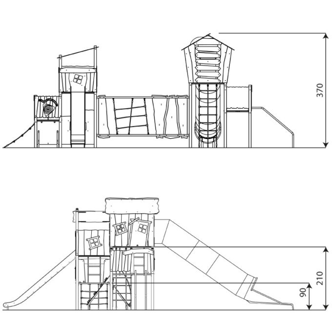 Spielanlage mit 4 Spieltürmen, Rutsche, Röhrenrutsche und Kletterelementen CROOC 0301 von Vinci Play 4