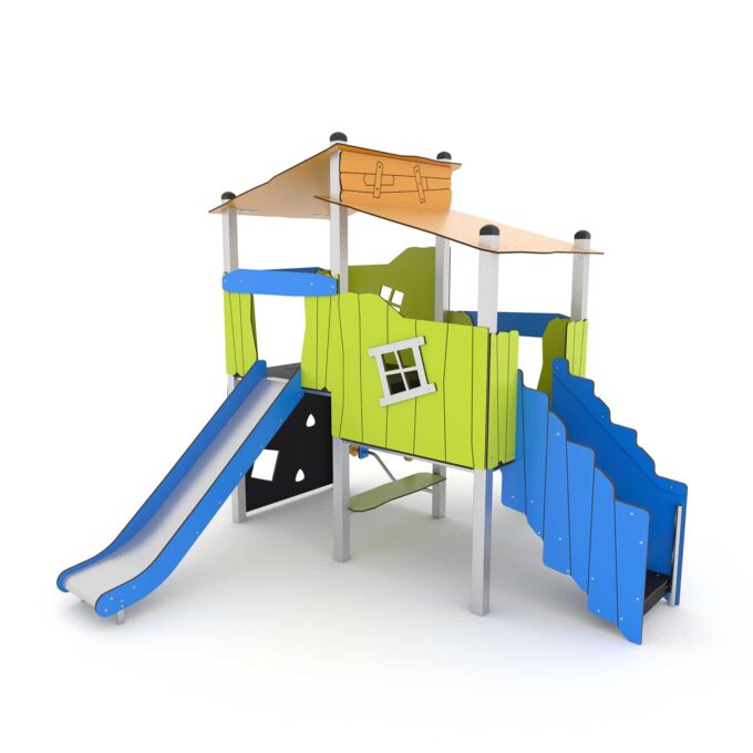 Spielturm mit 2 Rutschen, Treppe, Kletter- und Motorik-Elementen CROOC 0306 von Vinci Play 1