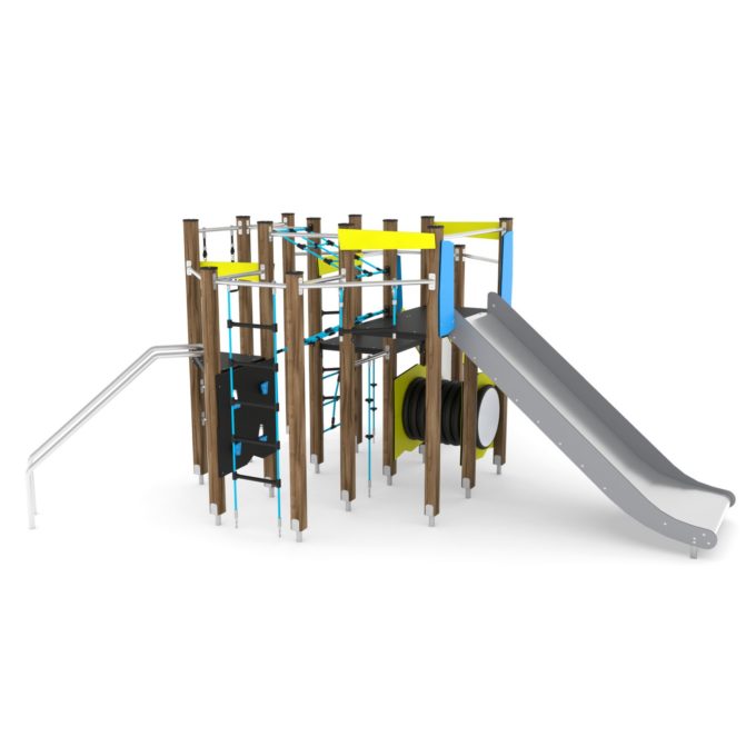 Spielturm mit Kletteranlage, 2 Rutschen und Kriechrohr WOODEN WD1450 von Vinci Play 2