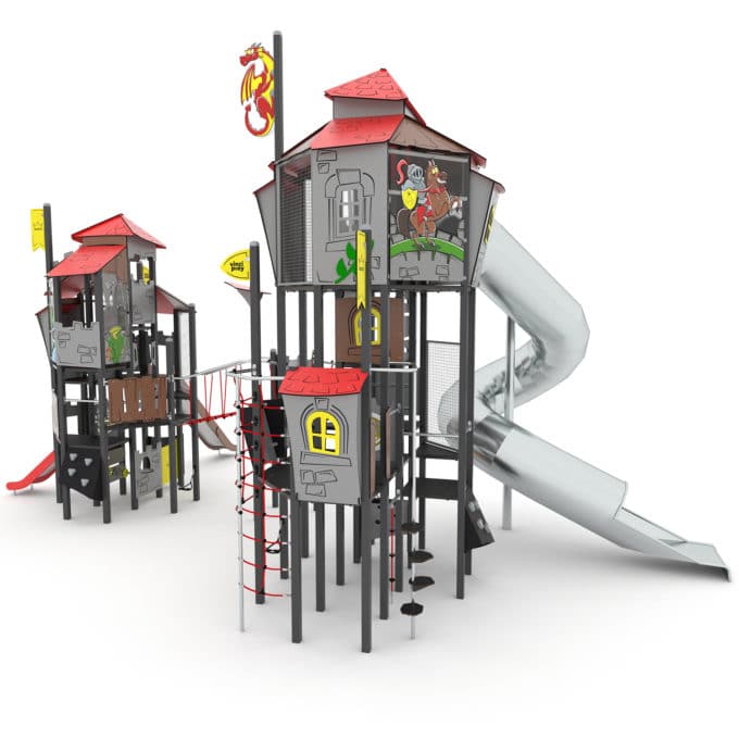 Große Ritter-Spielturmanlage mit 2 Rutschen, Röhrenrutsche, Brücke und Kletterelementen CASTILLO 3031-1 von Vinci Play 2