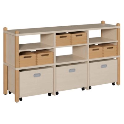 Raumteilerschrank 156 x 80 cm ohne Rückwand, 6 Massivholzkästen und 3 Rollkästen