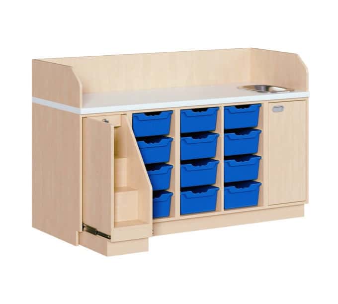 Wickelkommode 179 cm mit Waschbecken, ausziehbarer Treppe und 12 hohen ErgoTray Boxen 1