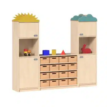 "ARIANA" Regalsystem mit 16 Materialkästen, 4 Türen und Dachaufsätzen
