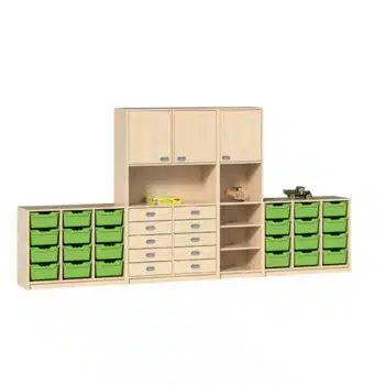 "VIOLA" Regalsystem mit 12 ErgoTray-Boxen, Hochschrank mit Dekorschüben