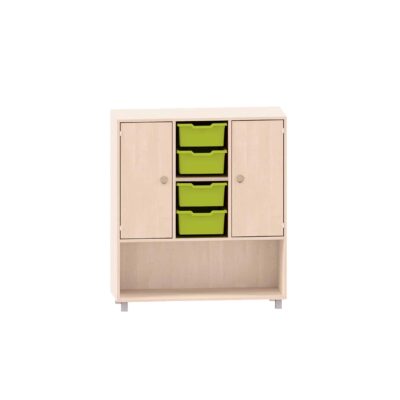Sideboard mit 2 Böden, oben links und rechts Türen, in der Mitte 4 ABS-Boxen und unten freies Fach