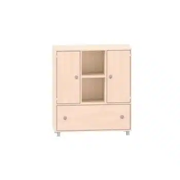 Sideboard mit 2 Böden, oben links und rechts Türen, in der Mitte 2 freie Fächer und unten ein Schubkasten