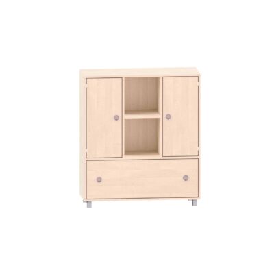 Sideboard mit 2 Böden, oben links und rechts Türen, in der Mitte 2 freie Fächer und unten ein Schubkasten
