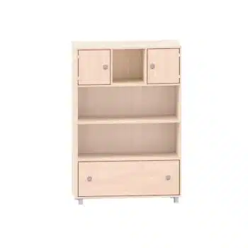 Schrank mit 3 Böden, oben links und rechts je eine Tür, mittig freie Fächer und unten ein Schubkasten