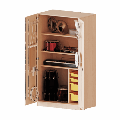 Musikschrank, 5 Ordnerhöhen - Türen mit Instrumentenhalterungen und 4 ErgoTray Boxen - Serie evo180