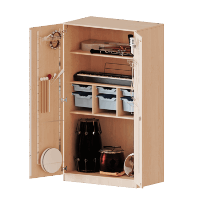 Musikschrank, 5 Ordnerhöhen - Türen mit Instrumentenhalterungen und 3 flache und 3 hohe ErgoTray Boxen - Serie evo180