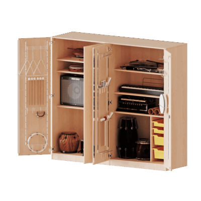 zweiteiliger Musikschrank, 5 Ordnerhöhen - Türen mit Instrumentenhalterungen und 3 ErgoTray Boxen - Serie evo180