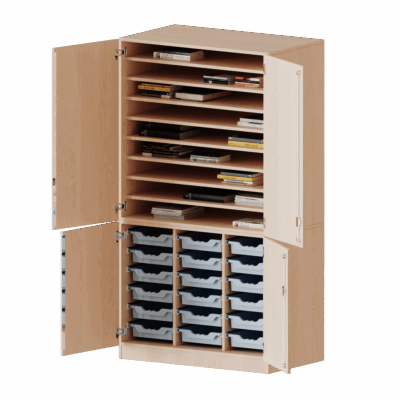 Bastelschrank 4-türig mit 18 flachen ErgoTray Boxen, zweiteilig- Serie evo180