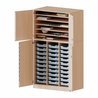 Bastelschrank 4-türig mit 30 flachen ErgoTray Boxen, zweiteilig- Serie evo180
