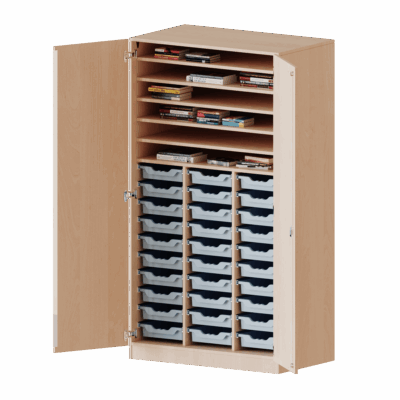 Bastelschrank 2-türig mit 30 flachen ErgoTray Boxen, zweiteilig- Serie evo180