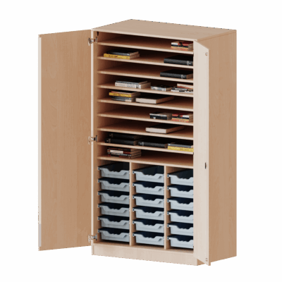 Bastelschrank 2-türig mit 18 flachen ErgoTray Boxen, zweiteilig- Serie evo180