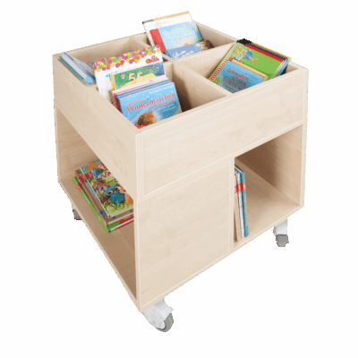 Bücherkiste CuBe, 4 Fächern auf der Oberseite, 4 Fächer seitlich, fahrbar