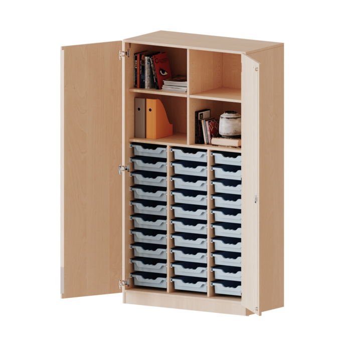 ErgoTray Schrank, dreireihig, 5 Ordnerhöhen - mit Mittelwand und 30 flachen ErgoTray-Boxen - evo180 Serie 1