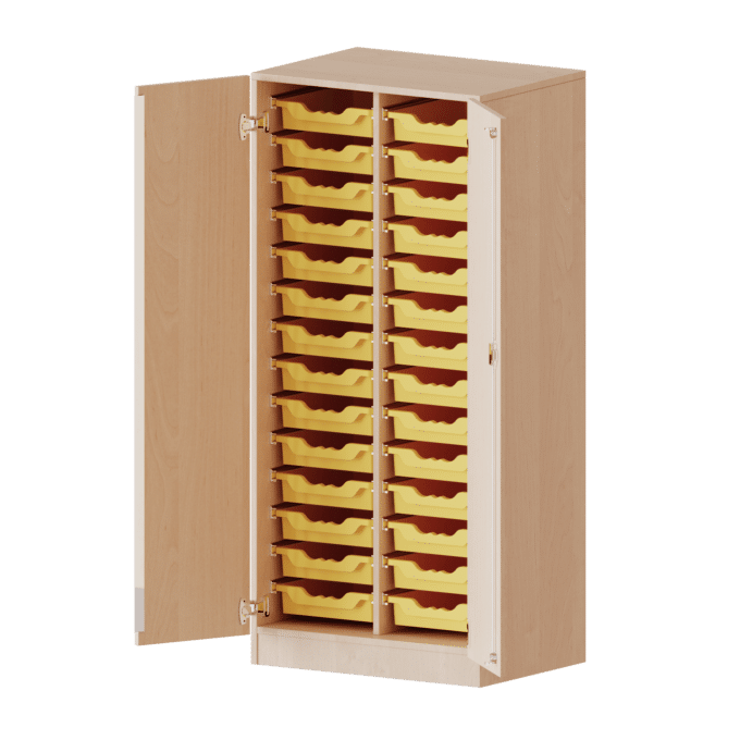 ErgoTray Schrank, zweireihig, 4 Ordnerhöhen - mit 28 flachen ErgoTray-Boxen - evo180 Serie 1