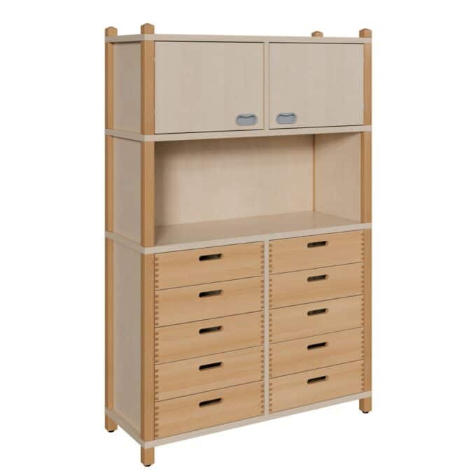 Stollenschrank mit 10 Massivholzschüben und Oberschrank Breite 106 cm 1
