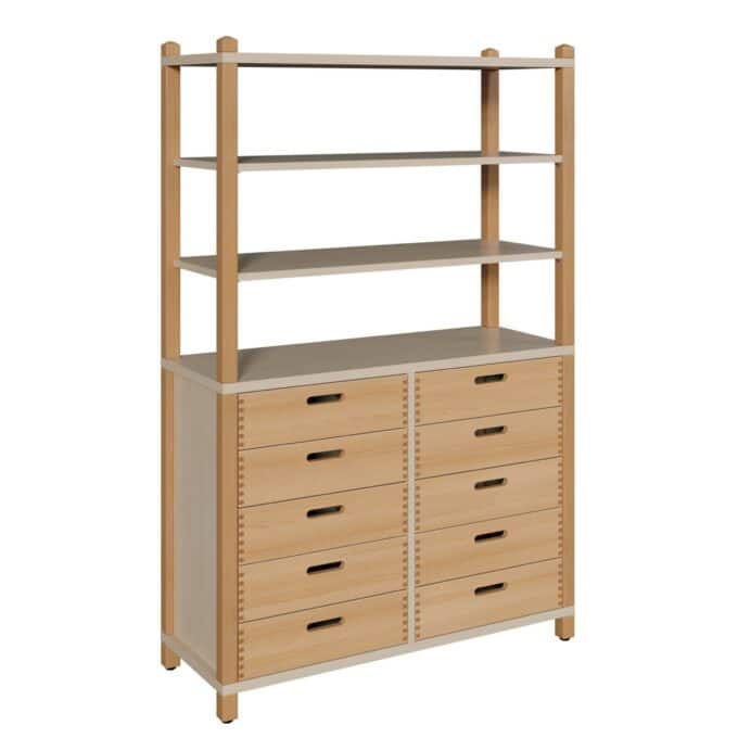 Stollenschrank mit 10 Massivholzschüben und Regalaufsatz Breite 106 cm 1