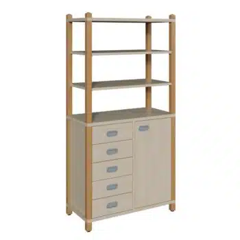 Stollenschrank mit 5 Dekorschüben, Tür und Regalaufsatz
