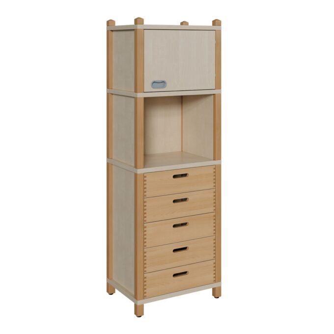 Stollenschrank mit 5 Massivholzschüben und Oberschrank Breite 56 cm 1