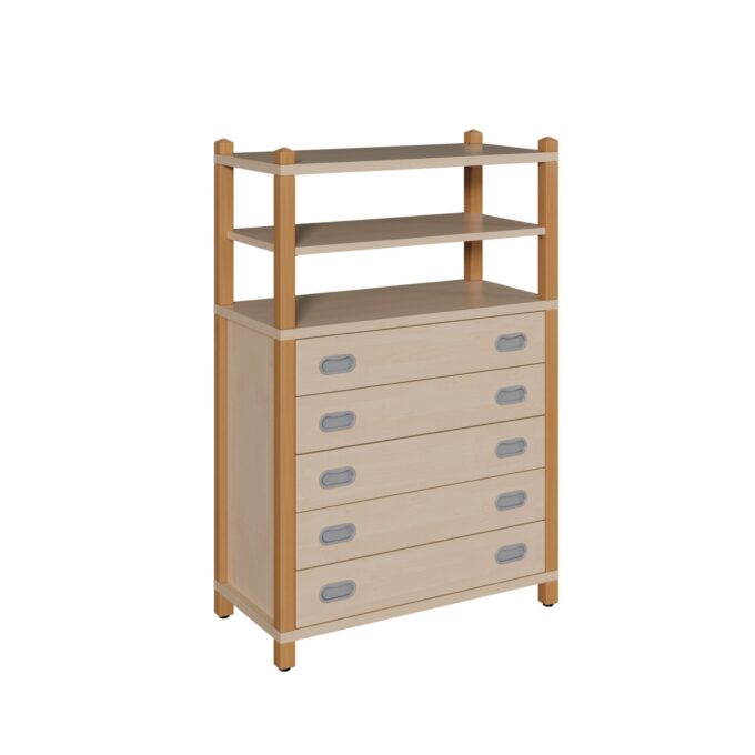 Stollenschrank mit 5 breiten Dekorschüben und Regalaufsatz 1