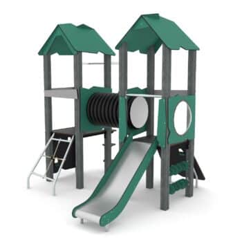 Spielturm mit Kriechtunnel, Kletterelementen, Rutsche und 2 Plattformen RECYCLED RC1407 von Vinci Play