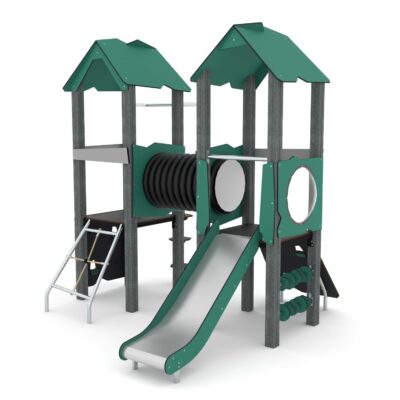 Spielturm mit Kriechtunnel, Kletterelementen, Rutsche und 2 Plattformen RECYCLED RC1407 von Vinci Play