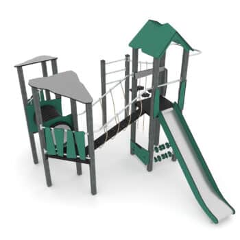 Spielturm-Anlage mit Balancierbrücke, Kletterelementen, Kriechrohr, Rutsche und 3 Plattformen RECYCLED RC1409 von Vinci Play