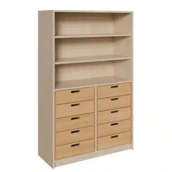 Korpus-Schrank mit 10 Massivholzschüben und Regal oben