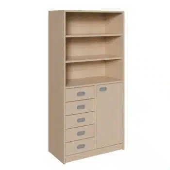Korpus-Schrank mit 5 Dekorblendenschüben und Tür unten und Regal oben