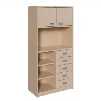 Korpus-Schrank mit 5 Dekorblendenschüben und Regal unten + 2 Türen oben