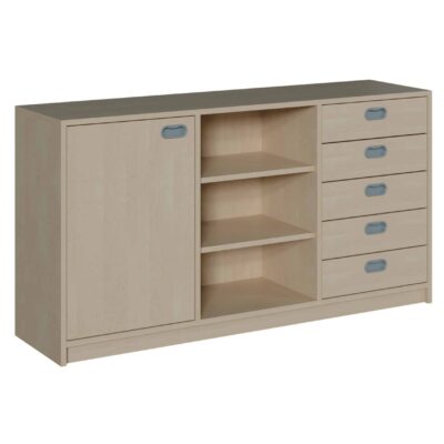 Korpus-Raumteilerschrank mit 1 Tür, mittig Regal, je 2 Einlegeböden, 5 Schübe