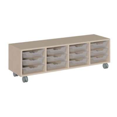 Fahrbares Korpus-Raumteilerregal, 12 flache ErgoTray Boxen