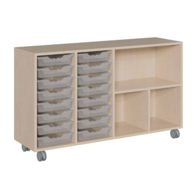 Fahrbares Korpus-Raumteilerregal, 16 flache ErgoTray Boxen, 3 Fächer
