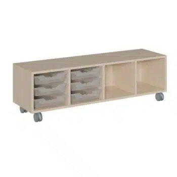 Fahrbares Korpus-Raumteilerregal, 6 flache ErgoTray Boxen, 2 Fächer