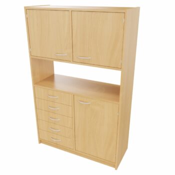 Hochschrank STT unten: Tür, 5 Schubkästen, mittig: offenes Fach, (ohne Rückwand) oben: Doppeltür, mit Mittelwand