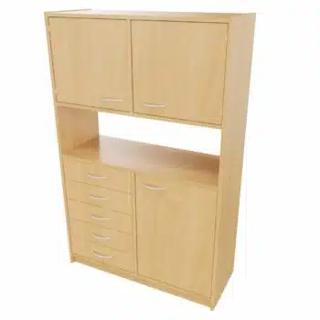 Hochschrank STT unten: Tür, 5 Schubkästen, mittig: offenes Fach, (ohne Rückwand) oben: Doppeltür, mit Mittelwand