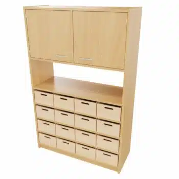 Hochschrank STT unten: 16 Materialkästen, mittig: offenes Fach, (ohne Rückwand) oben: Doppeltür, mit Mittelwand