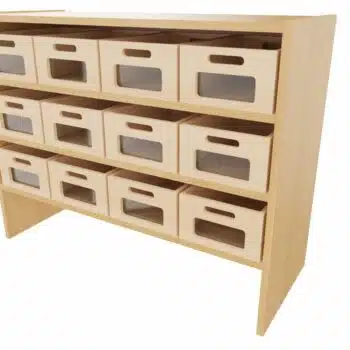 Sockelnischenschrank mit 12 Materialkästen Acrylglasfront, 2 feste Böden
