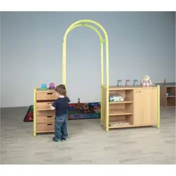 LILY Regalsystem - Schrank mit 5 Massivholzschüben, Durchgang 82 cm breit mit Bogenaufsatz, Tür und Regal