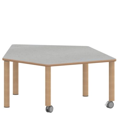 Fünfecktisch klein ZALOTTI mit Linoleum, Massivholzbeine Ø 60 mm, fahrbar